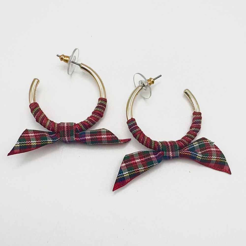 J. Crew Plaid Ribbon Wrapped Gold Tone Hoop Earrings
